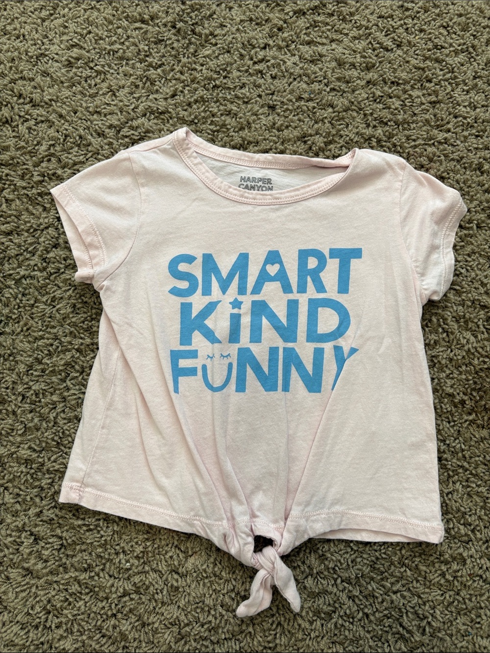 Harper Canyon Light Pink Tee with Blue SMART KIND FUNNY Graphic and Front Tie